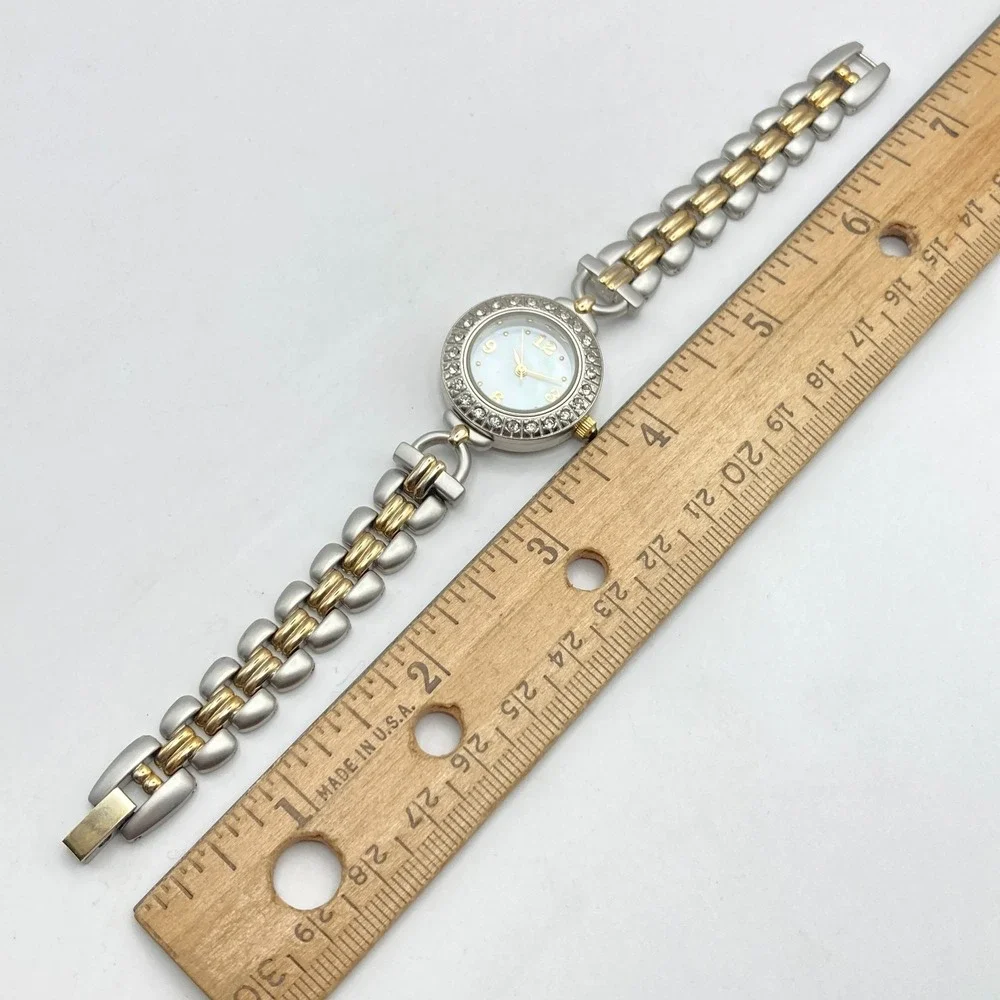 Valetta Women's Watch 25mm Matte Silver Gold Two Tone Crystals New Battery 6.5